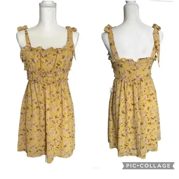Fashion on Earth Gold Flower Tie Strap Ruffle Mini Summer Dress Size Small - NWT - Picture 3 of 8